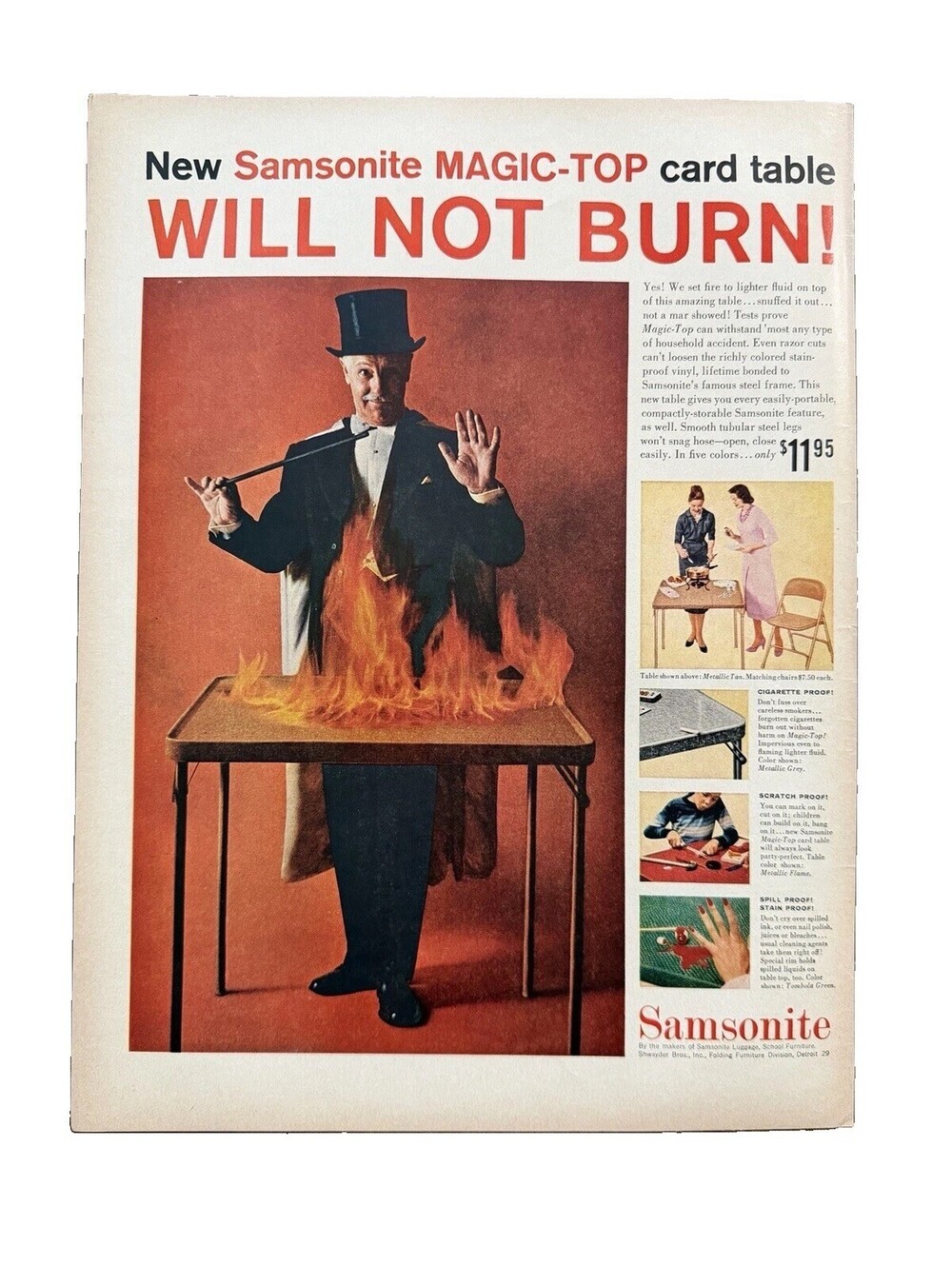 1957 Samsonite MAGIC-TOP Card Table WILL NOT BURN! Print Ad Magician Funny